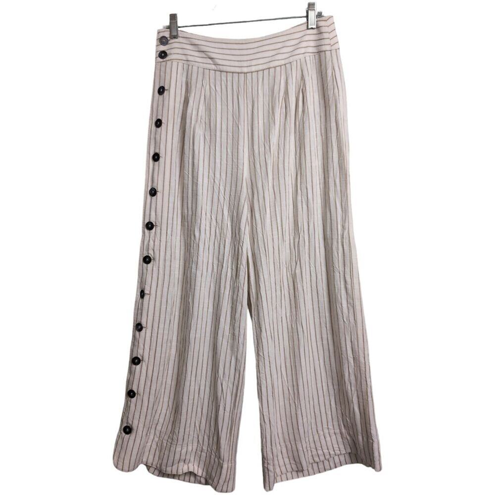Anthropologie Cream Beige Striped Wide Leg Button Side Pants Size 4 - Picture 1 of 8